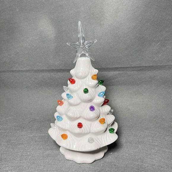 White Ceramic 8" Tabletop Christmas Tree  Multi-Color Lights Battery Operated - Picture 2 of 9